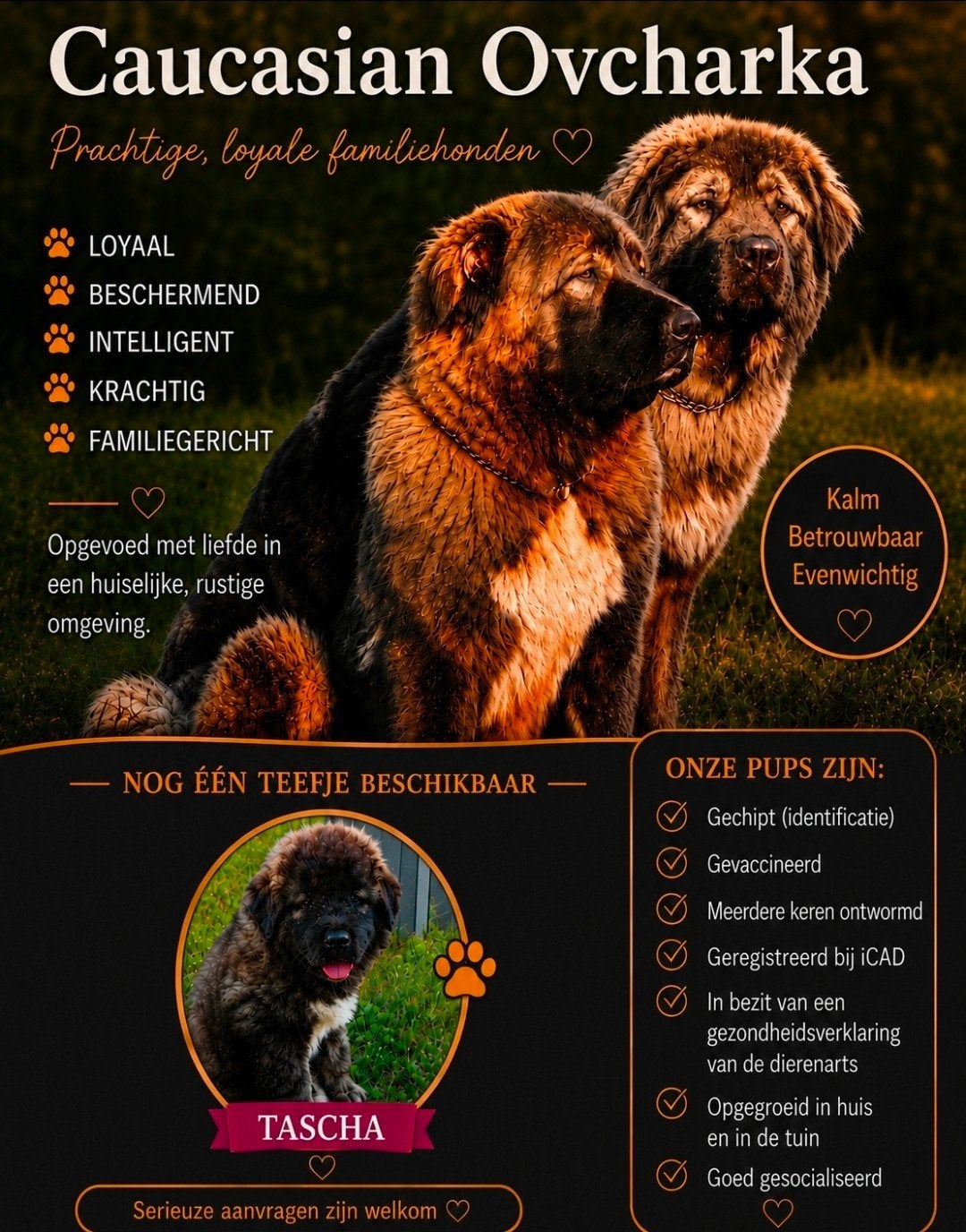 1 kaukaas pups teefje, Particulier, 8 tot 15 weken, Buitenland, Parvo