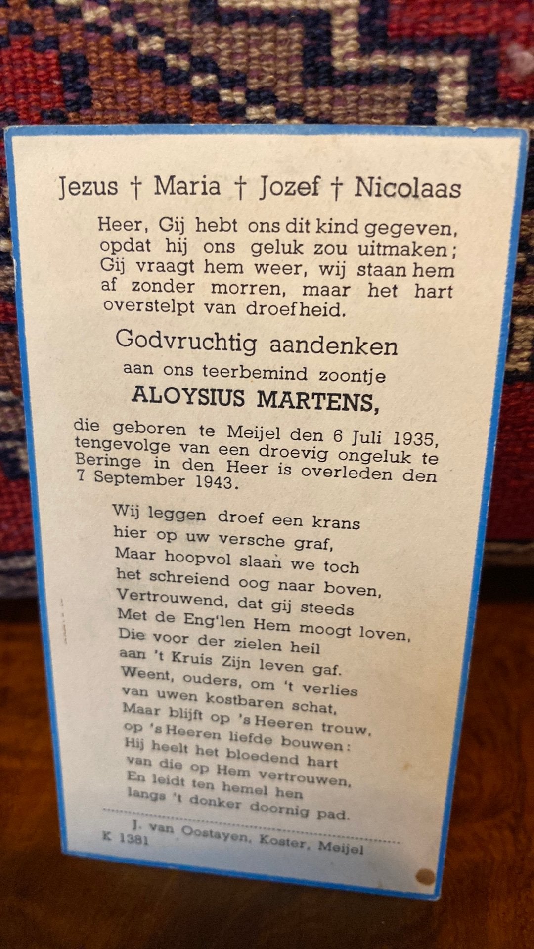 8 jaar Aloysius Martens 1935 Meijel 1943 ongeval, Ophalen of Verzenden