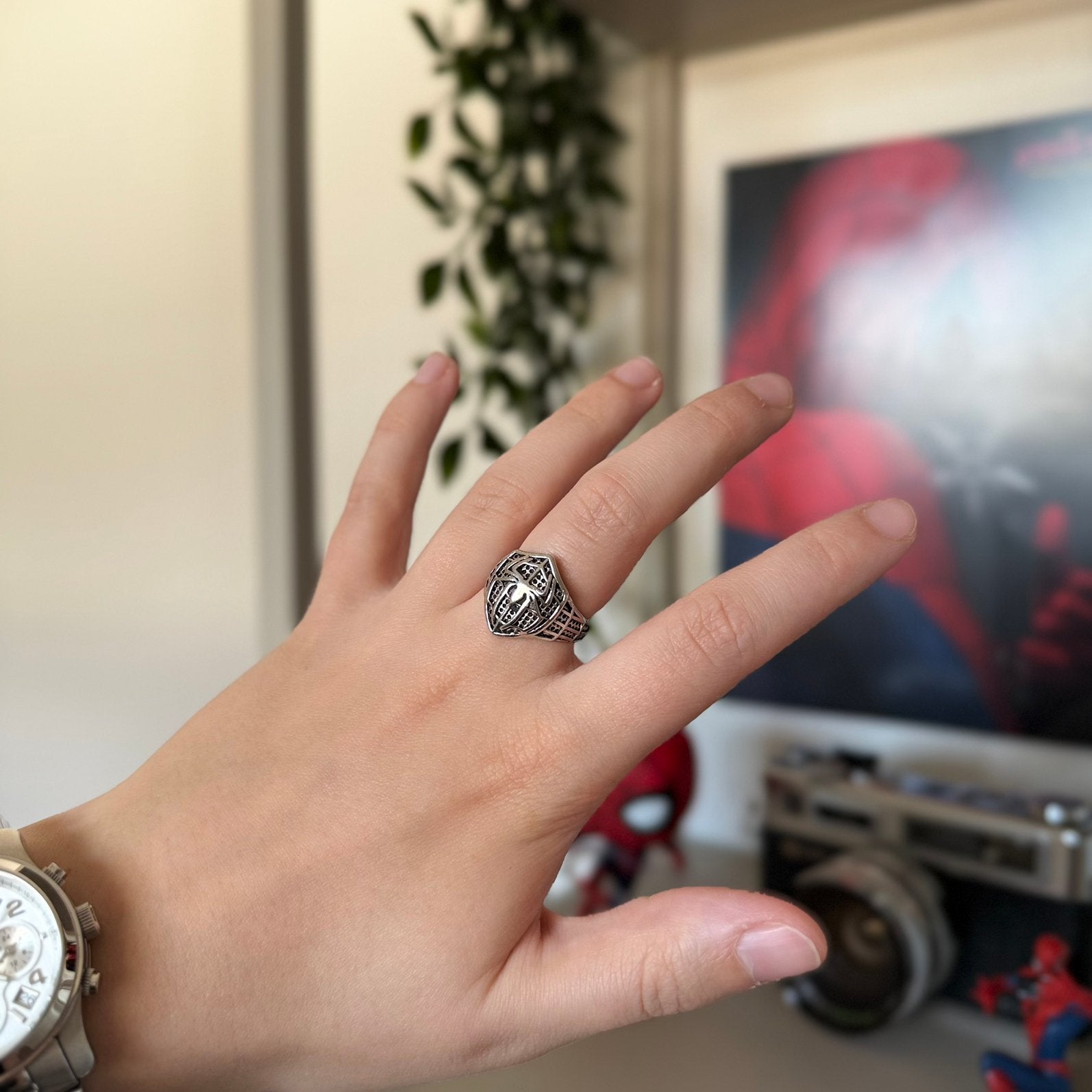 Spider-Man Ring Stainless Steel Verstelbaar Zilverkleurig, 18 tot 19, IJzer of Staal, Nieuw, Ophalen of Verzenden