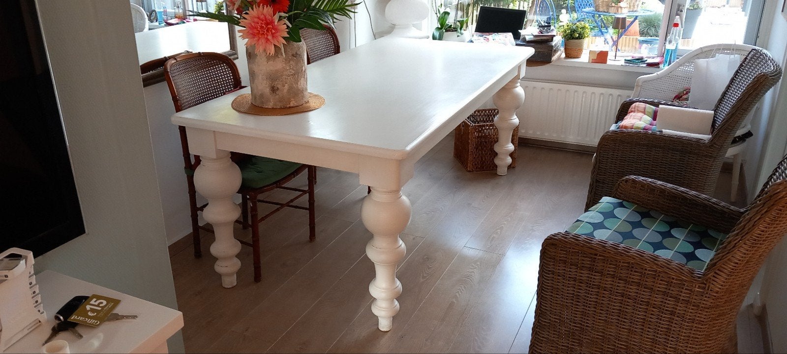 Witte houten eettafel., Ophalen, Gebruikt, 200 cm of meer, 50 tot 100 cm