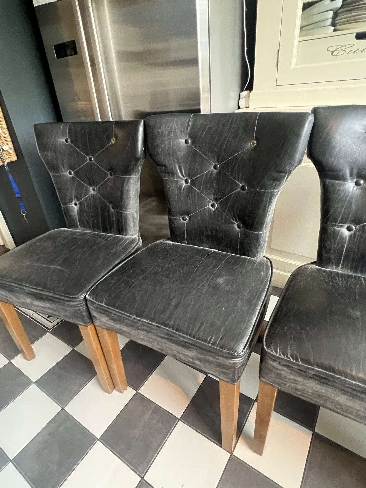 Grijze leren Riviera Maison stoelen (6), Gebruikt, Leer, Ophalen of Verzenden, Grijs