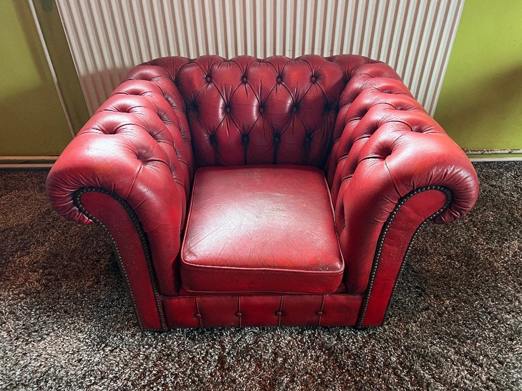Chesterfield fauteuil rood leer, Ophalen, Gebruikt, Chesterfield, 100 tot 125 cm