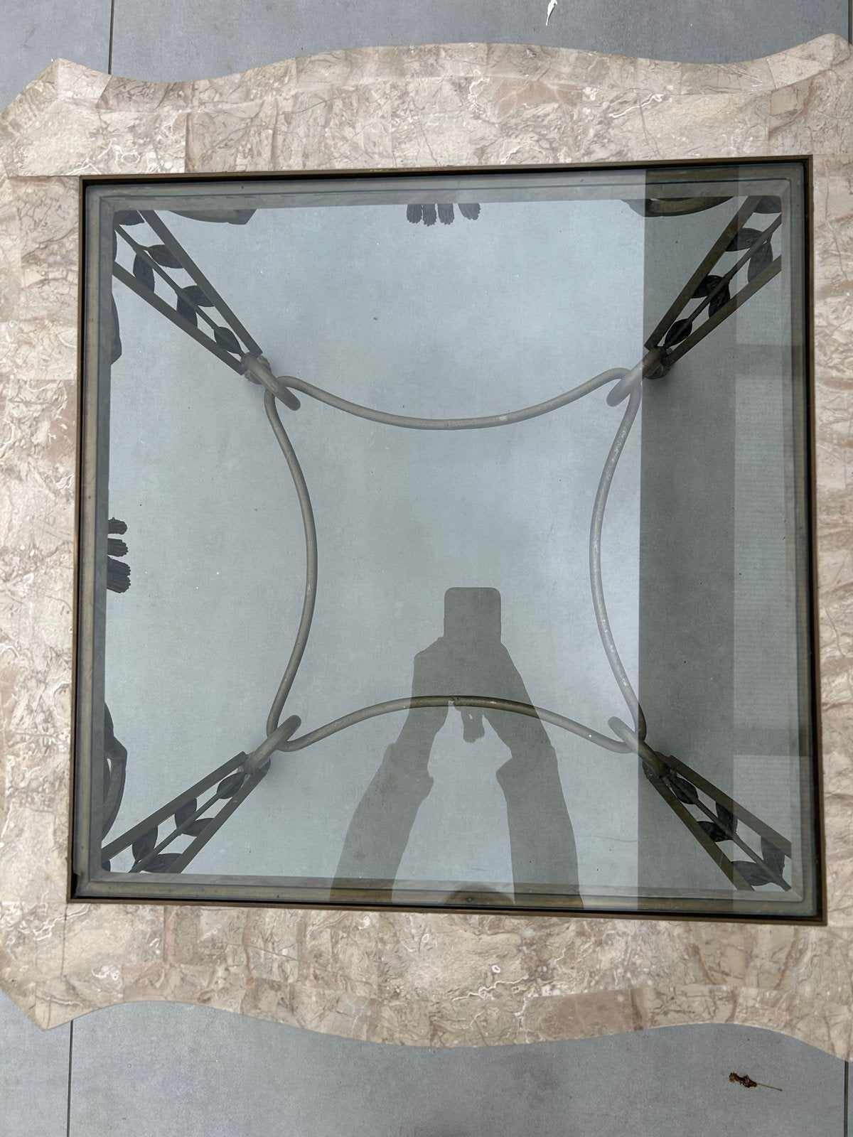 Salontafel/bijzettafel met smeedijzeren onderstel, Ophalen, Gebruikt, 100 tot 150 cm, Vierkant