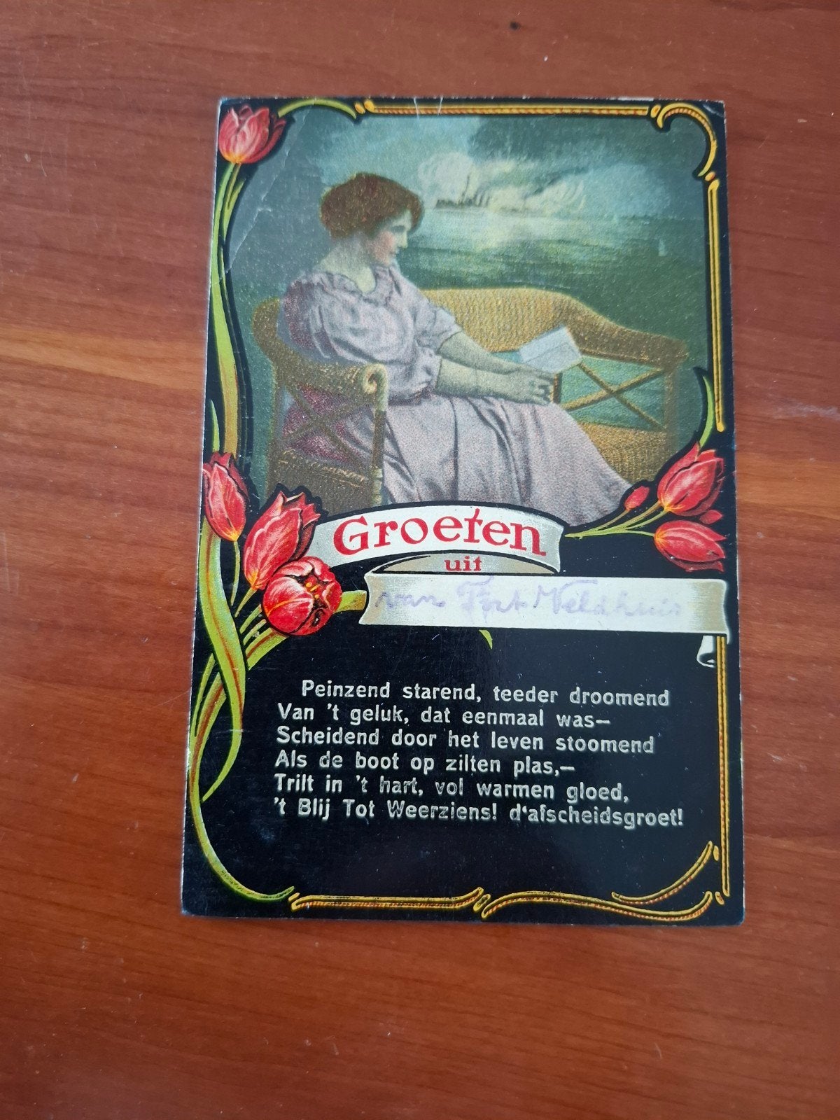 Antieke Ansichtkaart 'Groeten uit Vrouw Gedicht Stoomschip, Ophalen of Verzenden, Voor 1920, Gelopen, Overige thema's