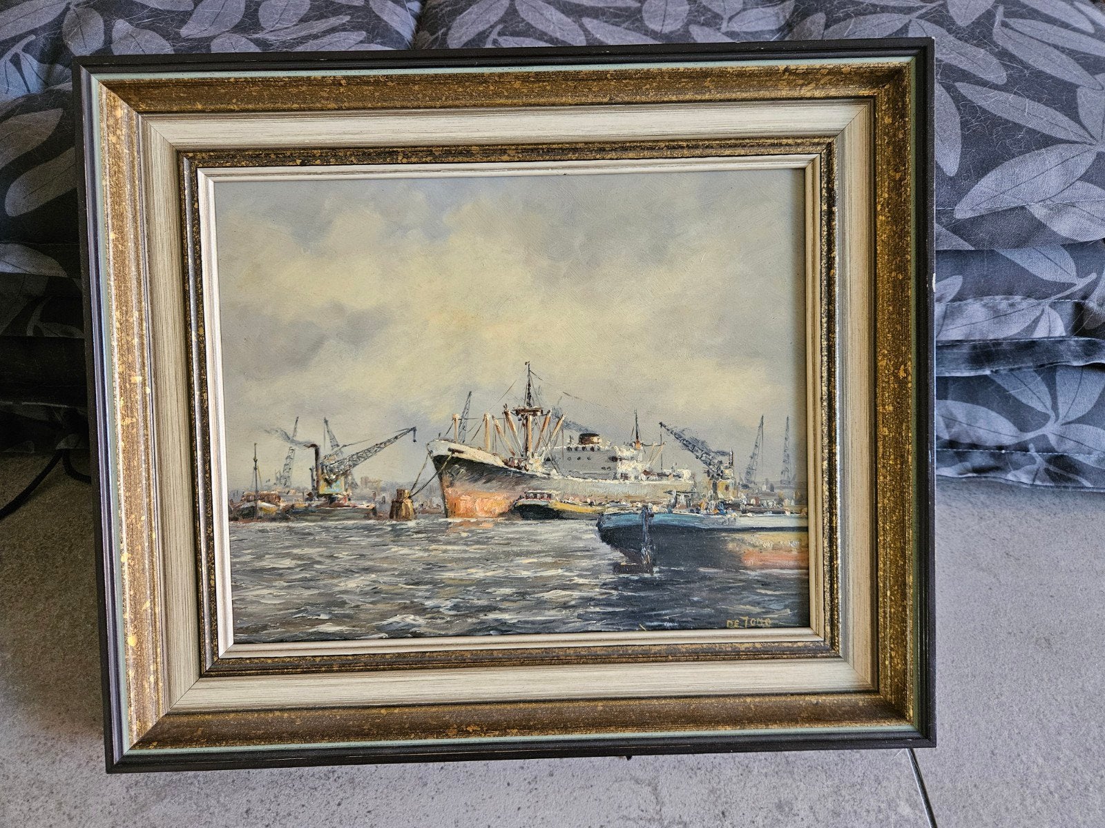 Vintage Schilderij Havenzicht met Schepen - Gesigneerd, Ophalen of Verzenden