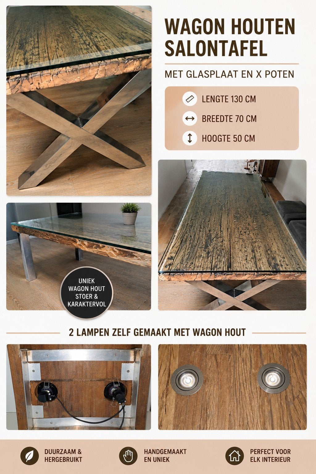 Meubel set Wagon Houten Salontafel met Glasplaat en X-poten, 100 tot 150 cm, Glas, Gebruikt, 50 tot 100 cm