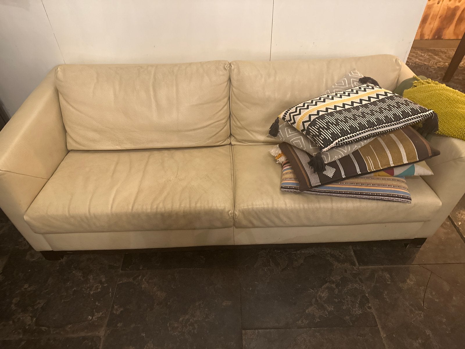 Crèmekleurige leren bank, Gebruikt, 150 tot 200 cm, Tweepersoons, Ophalen of Verzenden