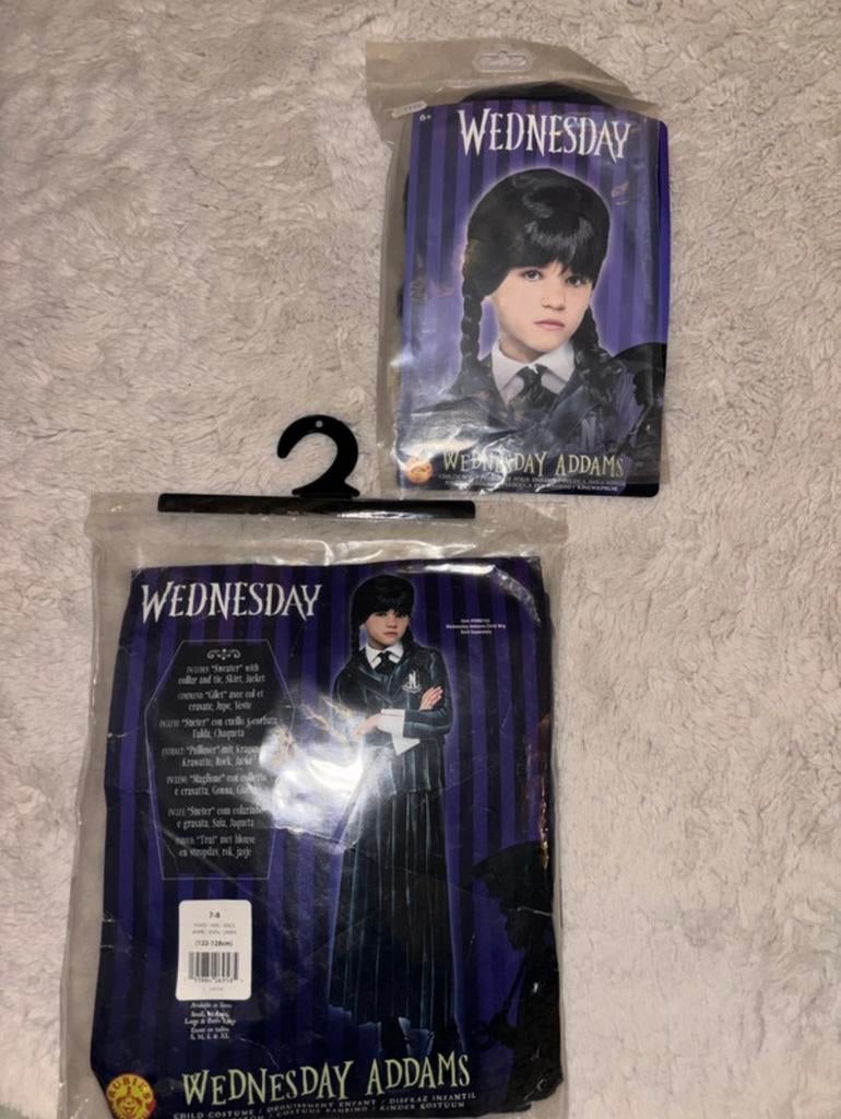 Wednesday Addams Carnavalskleding Kind Compleet, Ophalen of Verzenden, Zo goed als nieuw, 122 t/m 128, Meisje