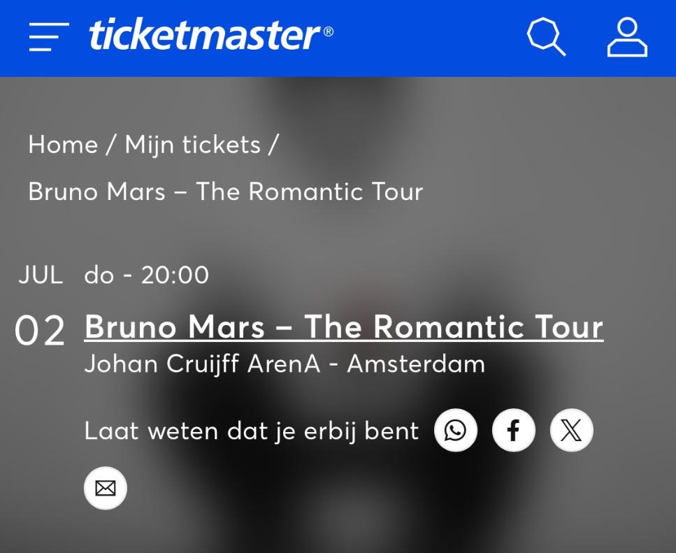 Bruno Mars 1x Ticket zitplaats DO 2JUL Arena - Normale prijs, Eén persoon, Juli