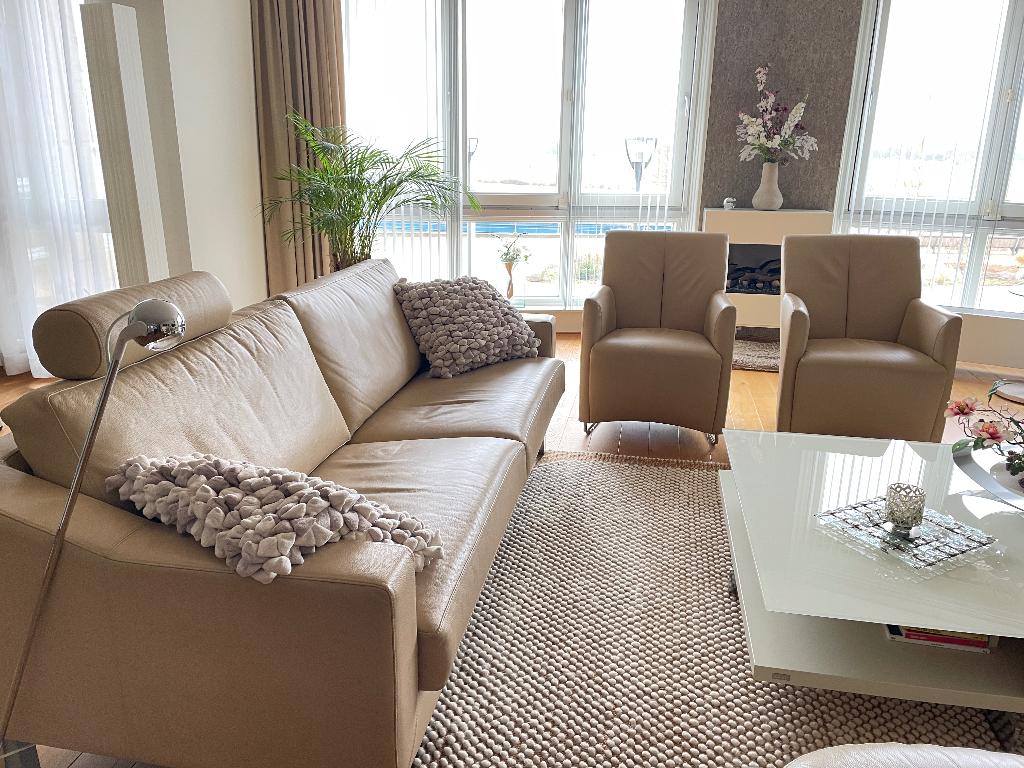 Leolux bankstel (bank/2 fauteuils/fauteuil/) leder Sahel, Huis en Inrichting, Ophalen, Gebruikt, Overige maten, Rechte bank