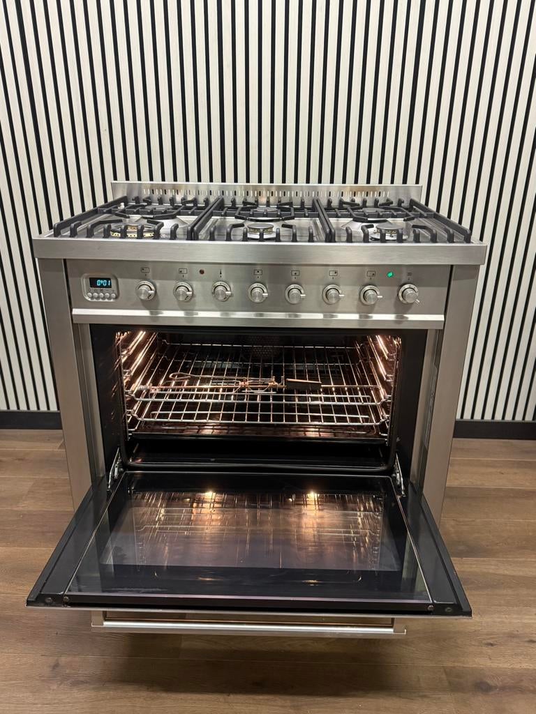 Luxe Boretti 6 pits RVS met multifunctionele oven 90 cm, Fornello Esperta, Ophalen of Verzenden, Zo goed als nieuw, Energieklasse A of zuiniger