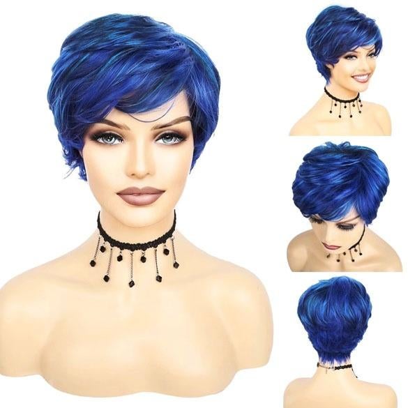 Cosplay / Manga pruik kort haar in laagjes blauw mix, Ophalen of Verzenden, Nieuw, Pruik of Haarverlenging