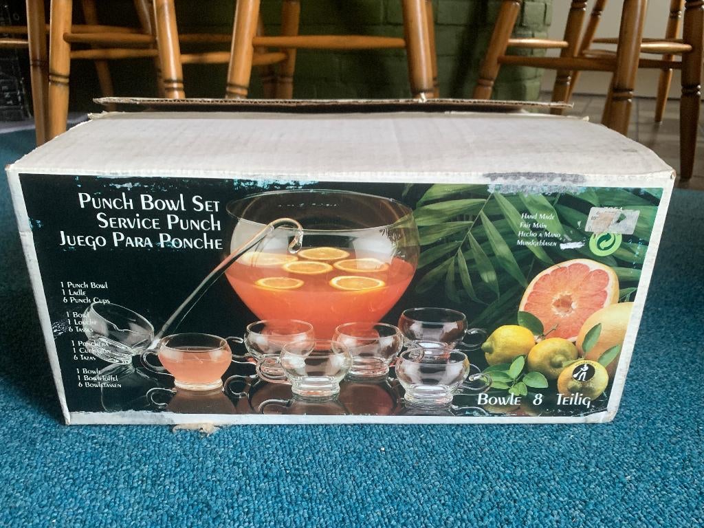 Vintage Glazen Punch Bowl Set - nieuw in doos, Overige typen, Nieuw, Ophalen of Verzenden, Glas