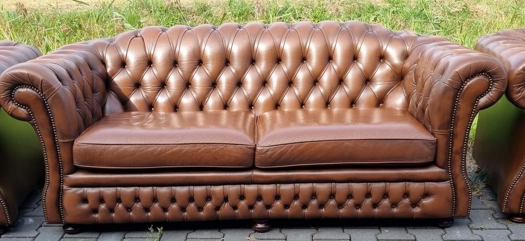 Engelse Chesterfield Springvale bank bruin leer + BEZORGING, Huis en Inrichting, Banken | Bankstellen, Gebruikt, ., Ophalen of Verzenden