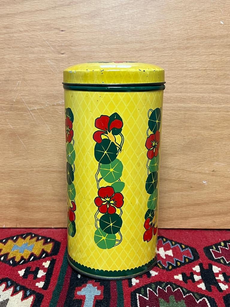 Vintage beschuitbus geel met bloemen Verkade 1940, Verzamelen, Blikken, Ophalen of Verzenden, Gebruikt, Beschuit, Verkade
