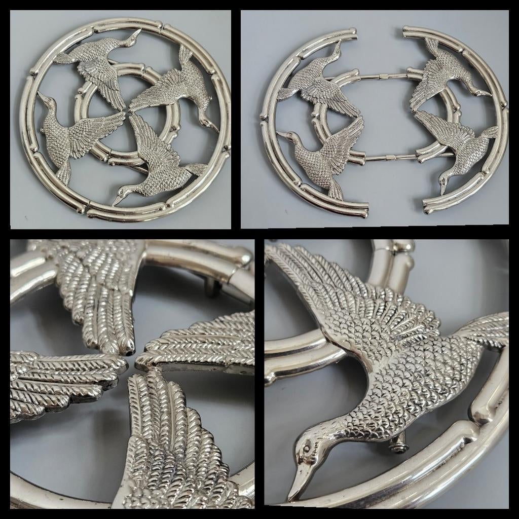 Vintage verzilverde onderzetter met vogels,  verstelbaar, Ophalen of Verzenden