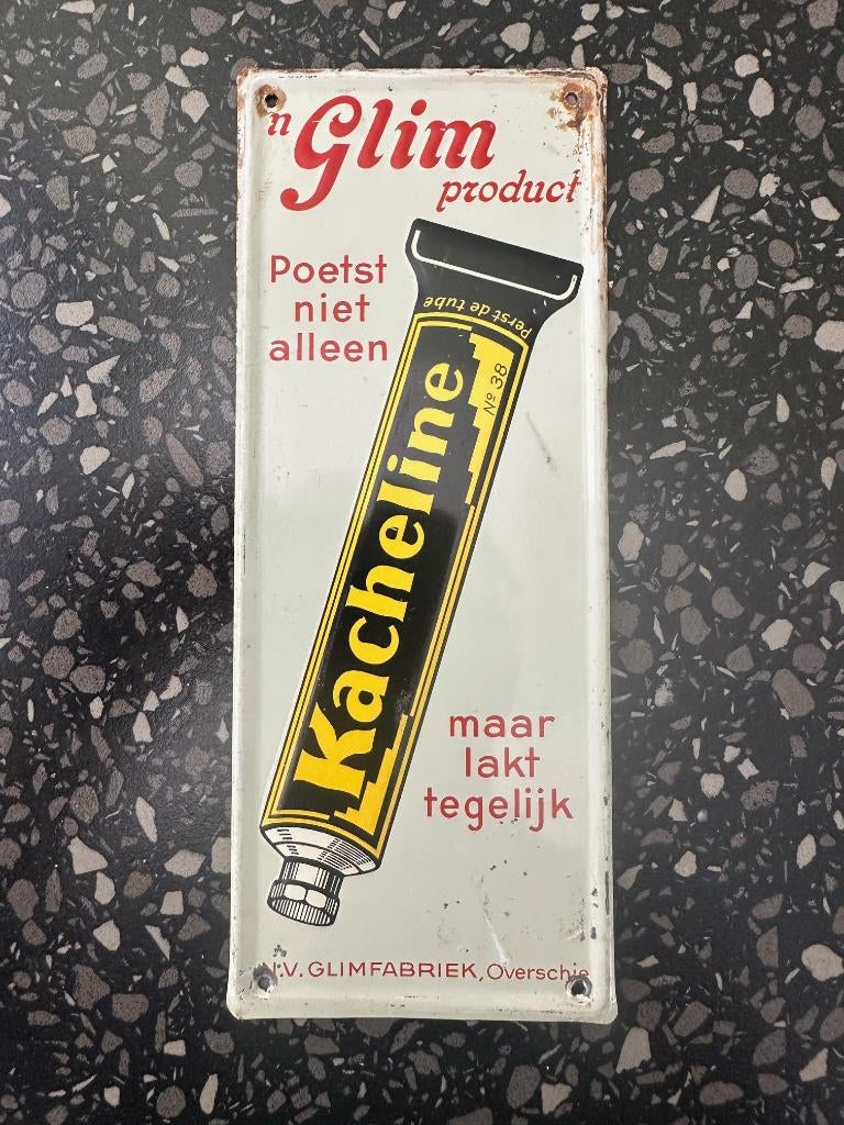 Mooi stokoud blikken KACHELINE deurpostje. Glim product., Verzamelen, Merken en Reclamevoorwerpen, Gebruikt, Reclamebord, Ophalen of Verzenden