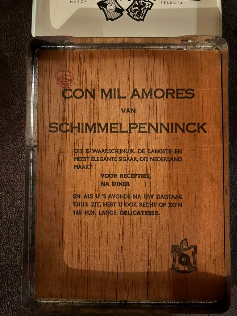 Sigaren blik Schimmelpennick met houten inlegvel, Ophalen of Verzenden, Zo goed als nieuw, Tabaksdoos of Verpakking