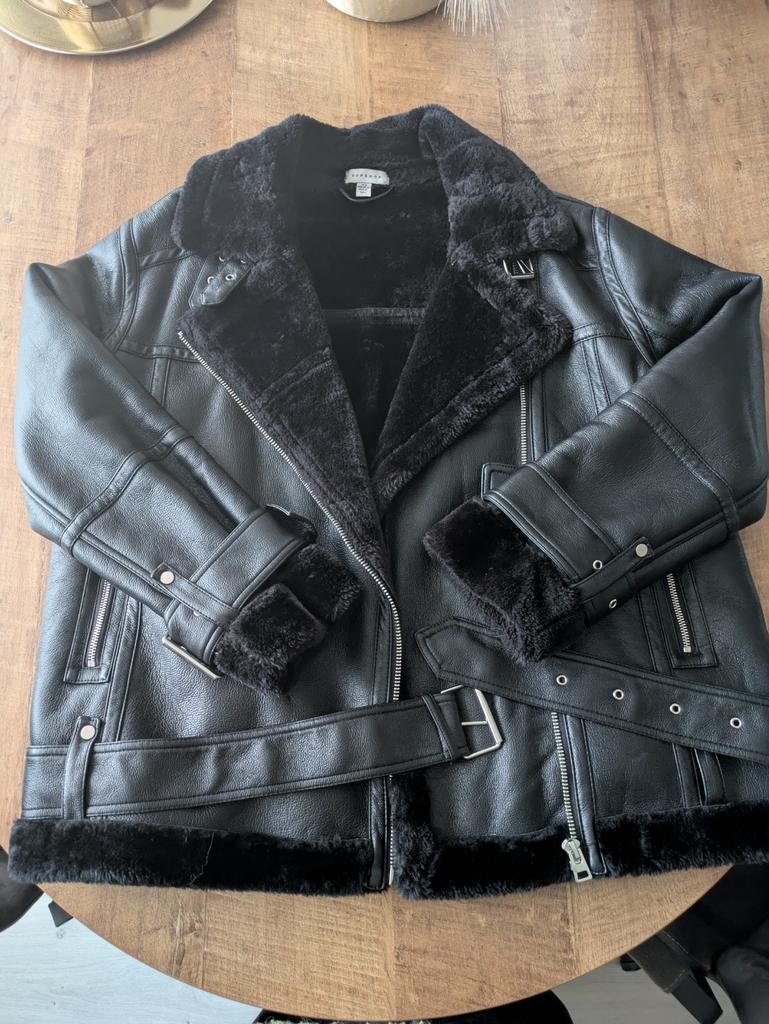 Oversized leren bikerjack, Kleding | Dames, Jassen | Winter, Maat 38/40 (M), Zwart, Topshop, Ophalen of Verzenden