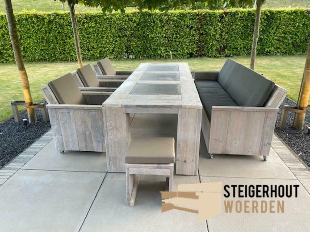Steigerhouten Tuinset Exclusive met natuursteen  ACTIEPRIJS, Bank, Steigerhout, Nieuw, Ophalen of Verzenden