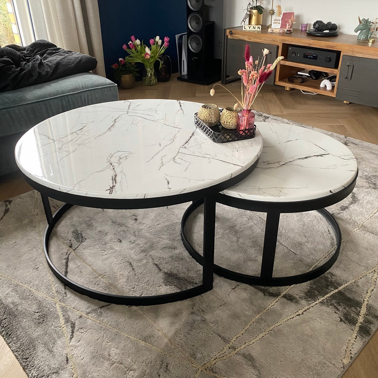 2x Salon Tafel met Marmer Blad - 70 & 90 cm, Overige materialen, Rond, Zo goed als nieuw, 50 tot 100 cm
