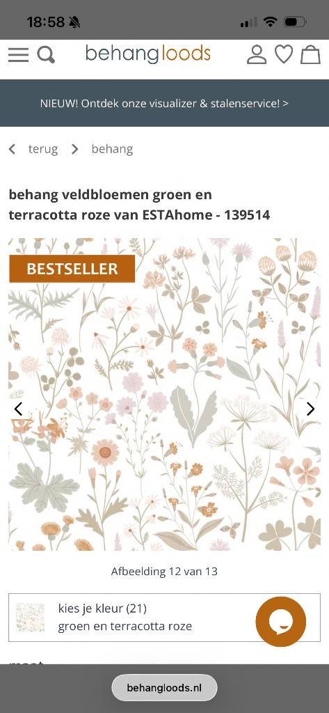 Behang esta home veldbloemen terracotta roze, Huis en Inrichting, Ophalen of Verzenden, 25 tot 50 m², Groen