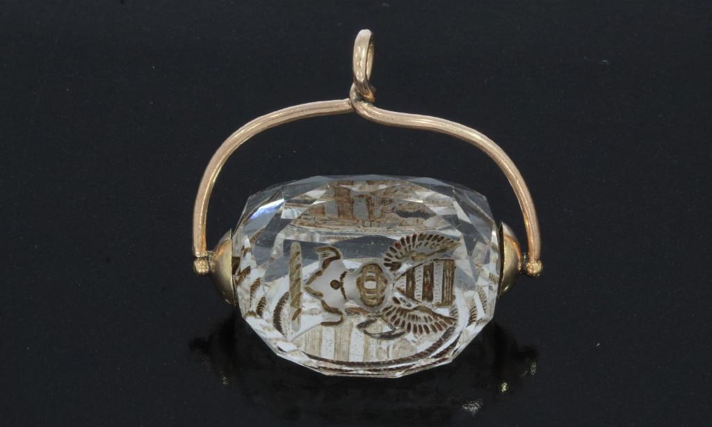 Wax zegel intaglio kwarts 14k gouden cachet zakhorloge heren, Verzenden, Goud, Hanger, Met edelsteen