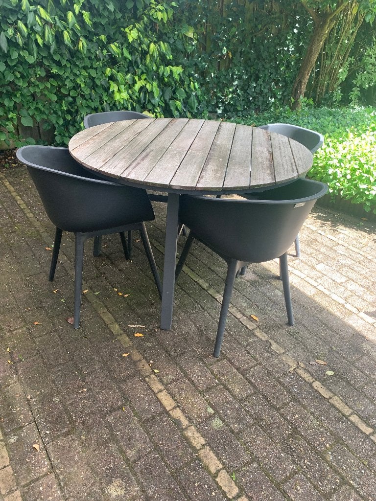 Tuinset met ronde tafel + 4 kuipstoeltjes, Ophalen, 4 zitplaatsen, Gebruikt, Tuinset