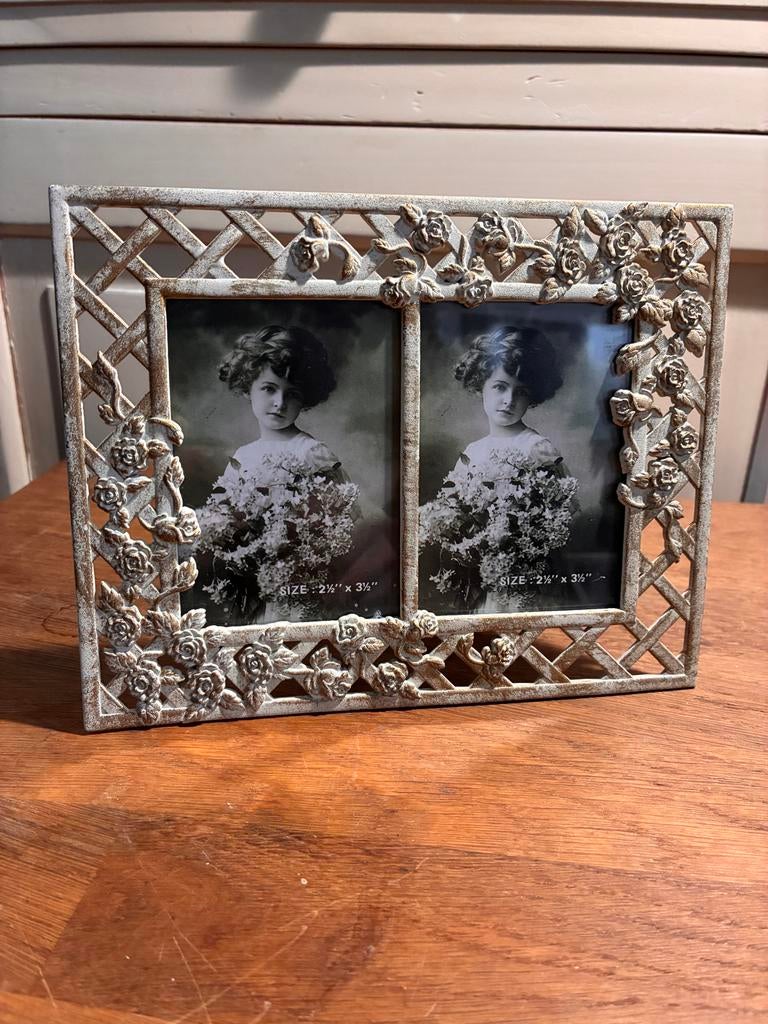 Antieke fotolijst met rozen en traliewerk, Ophalen of Verzenden, Gebruikt, Metaal of Aluminium, Minder dan 50 cm