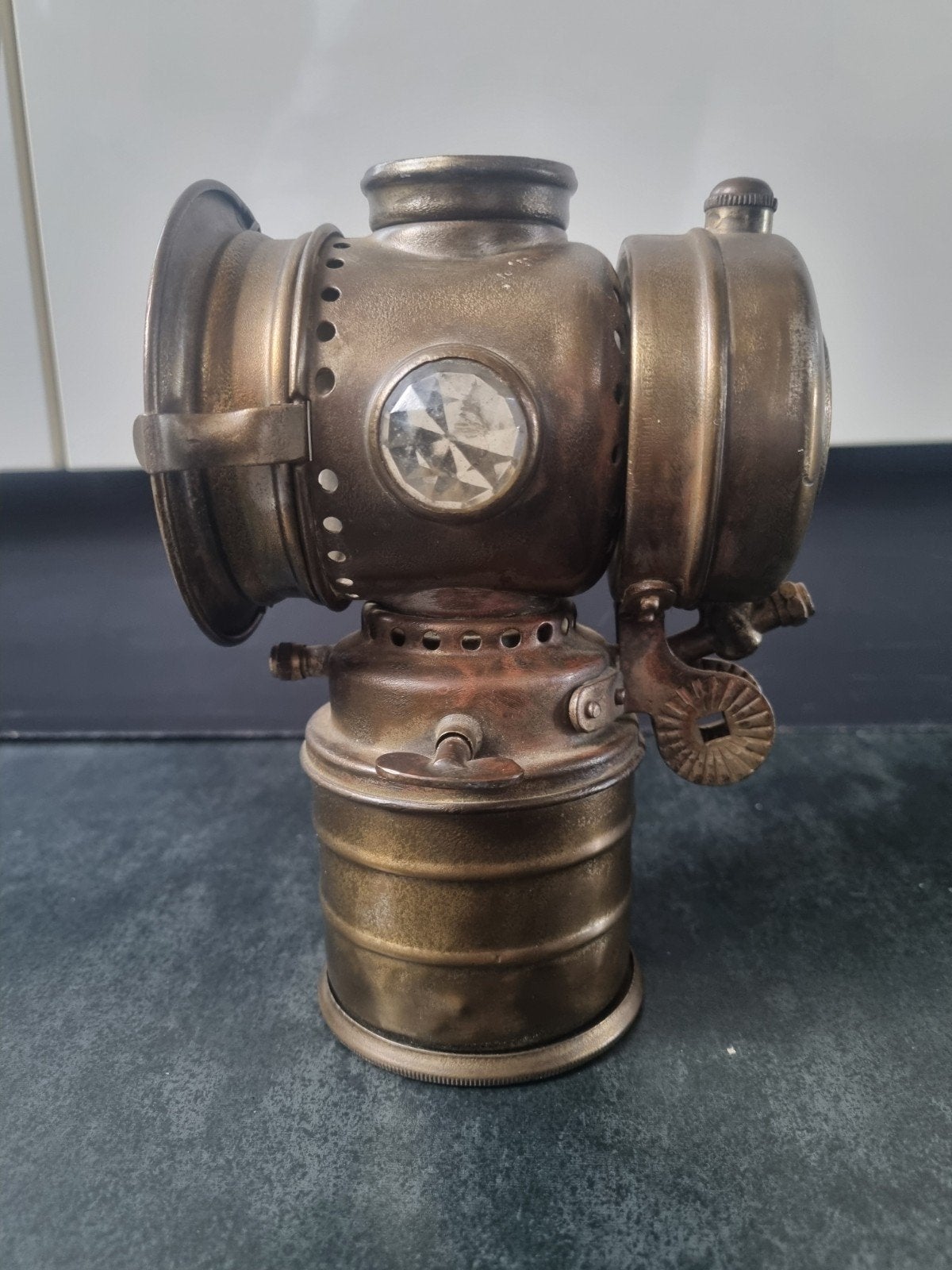 Antieke koperen mijnlamp / fietslamp, Ophalen of Verzenden