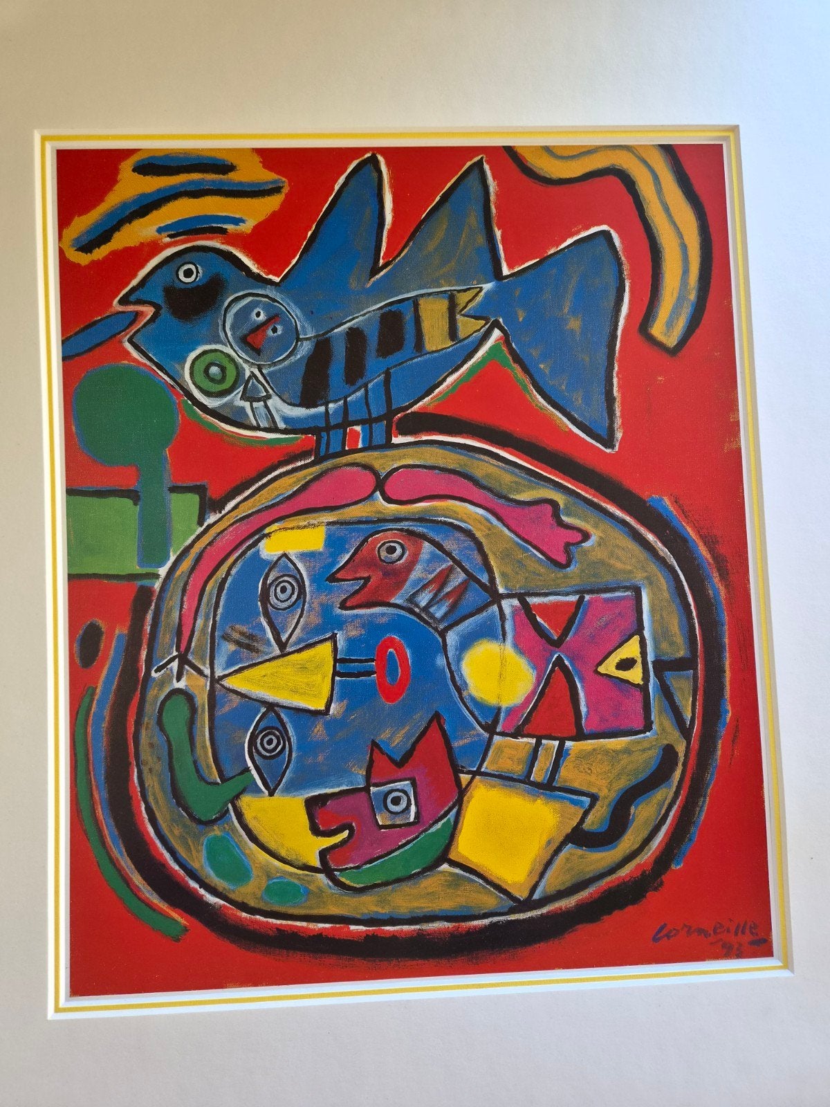 Corneille - Kleurrijke abstracte vogelprint, ingelijst, Papier/karton, Gesigneerd, Ophalen of Verzenden, Dieren