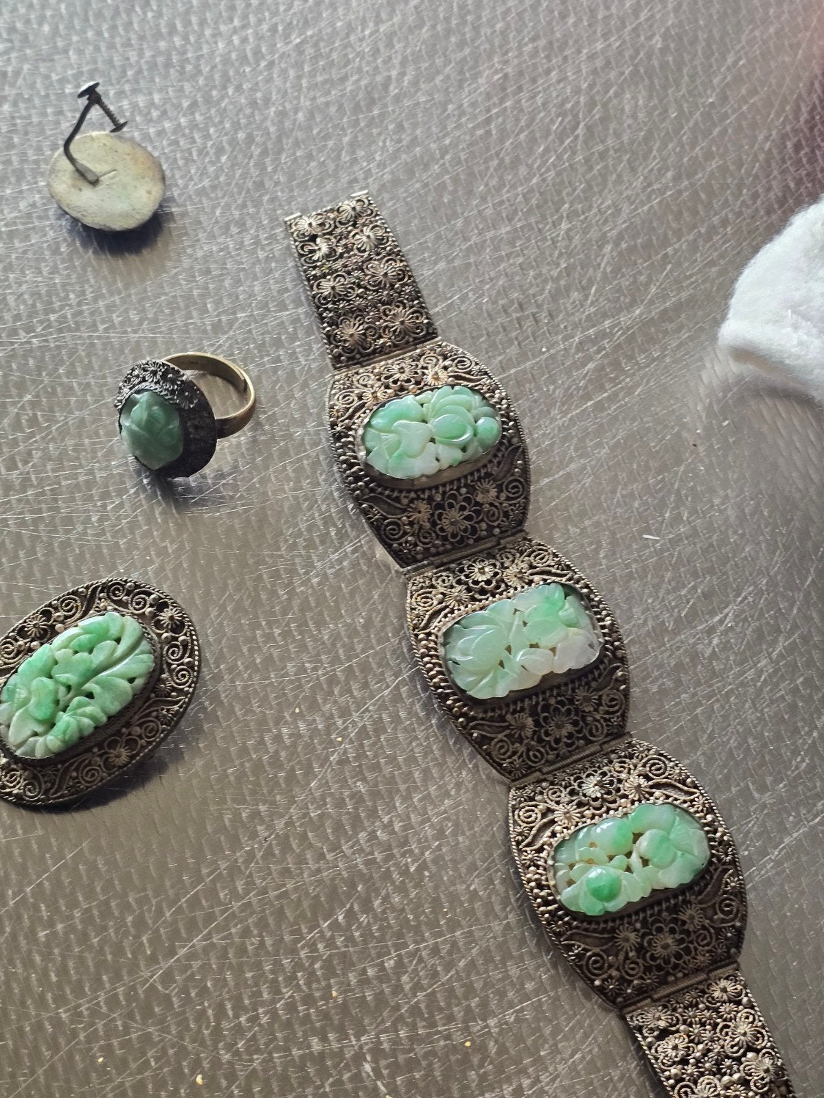 Vintage Zilveren Armband, Ring en Broche met Jade, Sieraden, Tassen en Uiterlijk, Antieke sieraden, Ophalen of Verzenden, Zilver