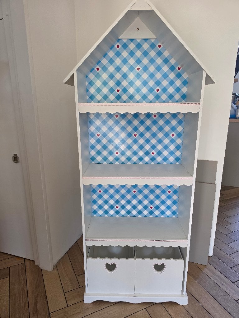 Leuke witte boekenkast / poppenhuis kast met blauw ruitje, Ophalen, Gebruikt, Kast