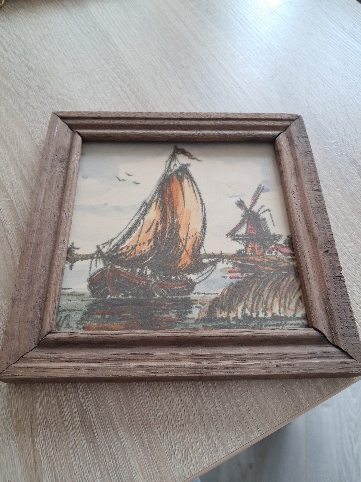 Handgeschilderd Delfts Holland schilderij met molen en boot, Antiek en Kunst, Ophalen of Verzenden
