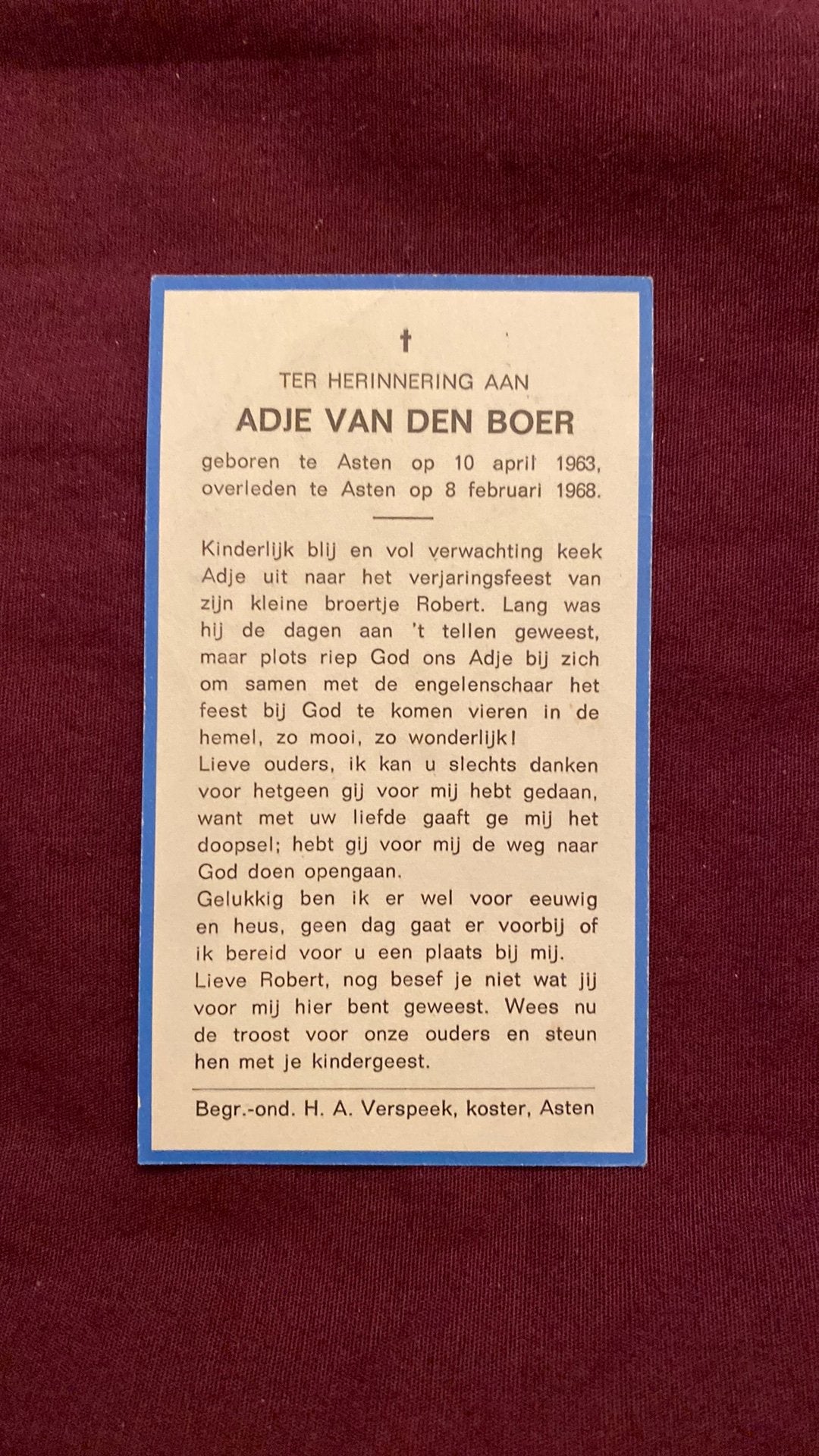 4-jarige adje vd Boer 1963 Asten 1968, Ophalen of Verzenden