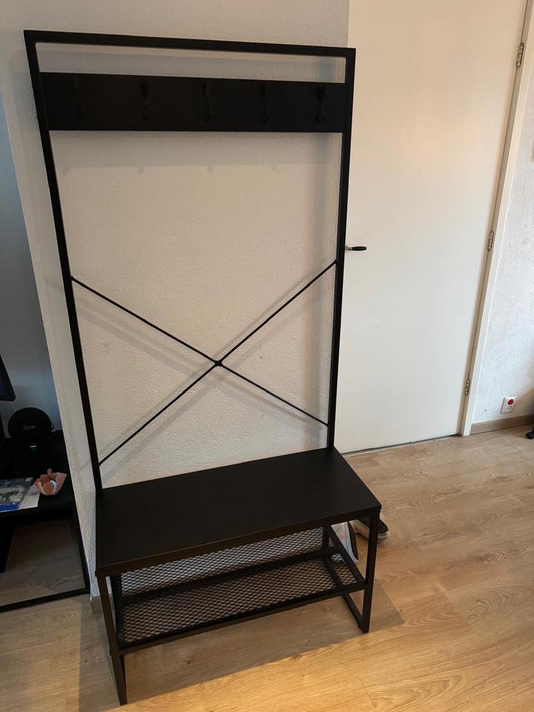 Zwarte kapstok met schoenenrek en zitbankje, Zo goed als nieuw, Metaal, 150 tot 200 cm, Ophalen
