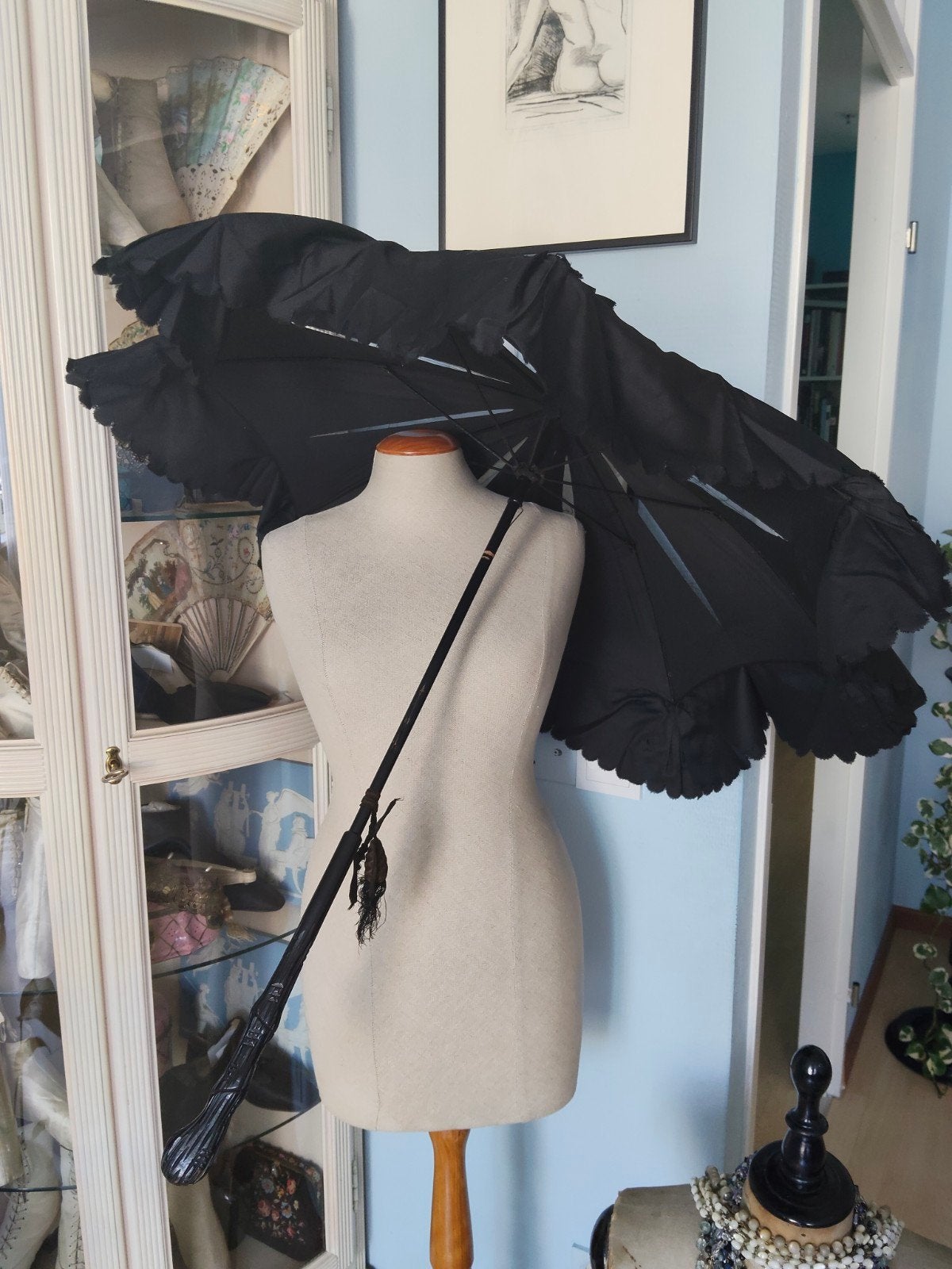 Antiek zwart zijde rouw parasol paraplu zwart ebbenhout, Antiek en Kunst, Ophalen of Verzenden, Dames