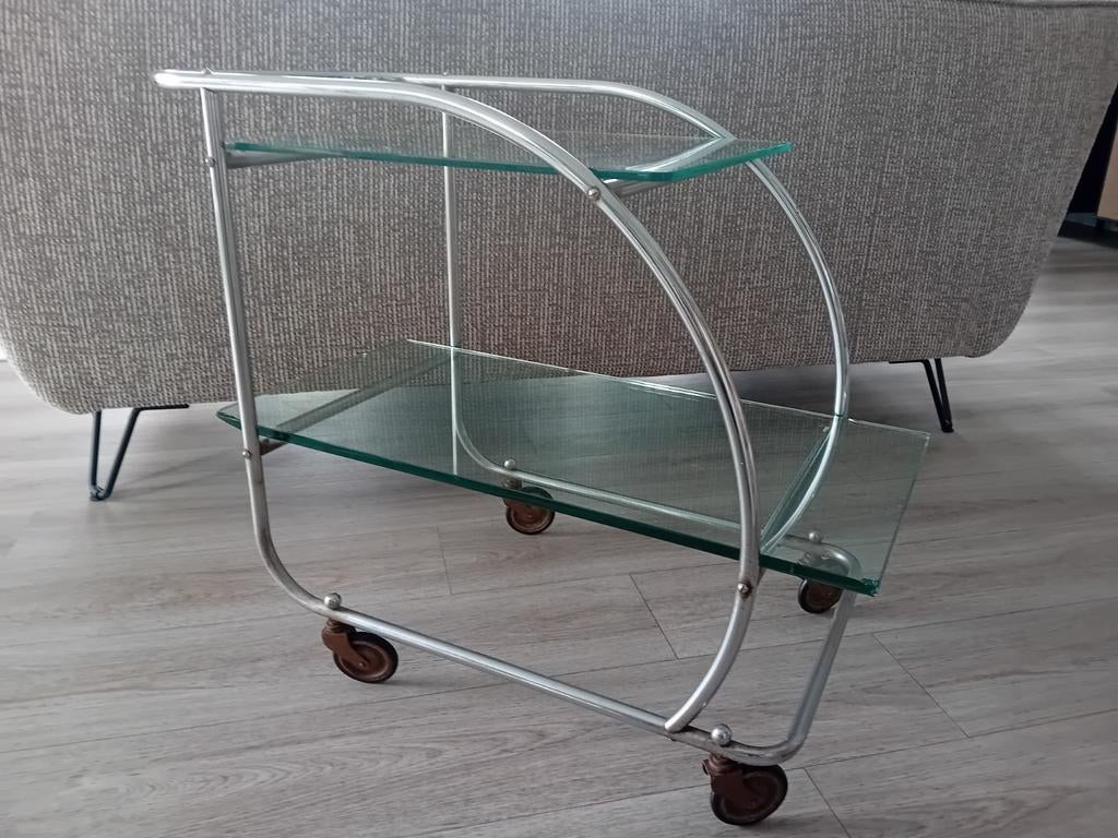 Vintage serveerwagen / theewagen met glazen platen, Huis en Inrichting, Ophalen, Gebruikt, Metaal of Aluminium, Vintage, Art Deco