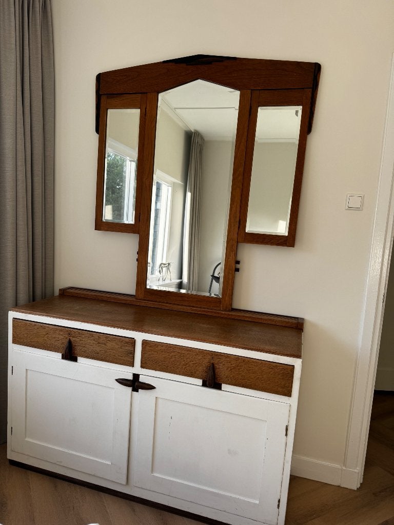 Art Deco buffetkast met bijpassende spiegel, Huis en Inrichting, Kasten | Buffetkasten, Ophalen, Gebruikt, 100 tot 150 cm, Eikenhout