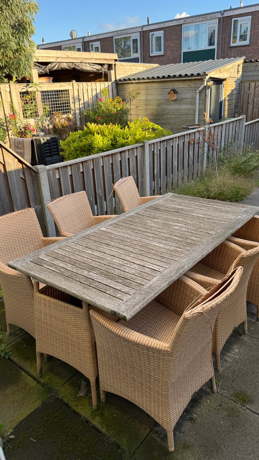 Tuinset met 6 stoelen en houten tafel, Ophalen, Gebruikt, Eettafel, 6 zitplaatsen