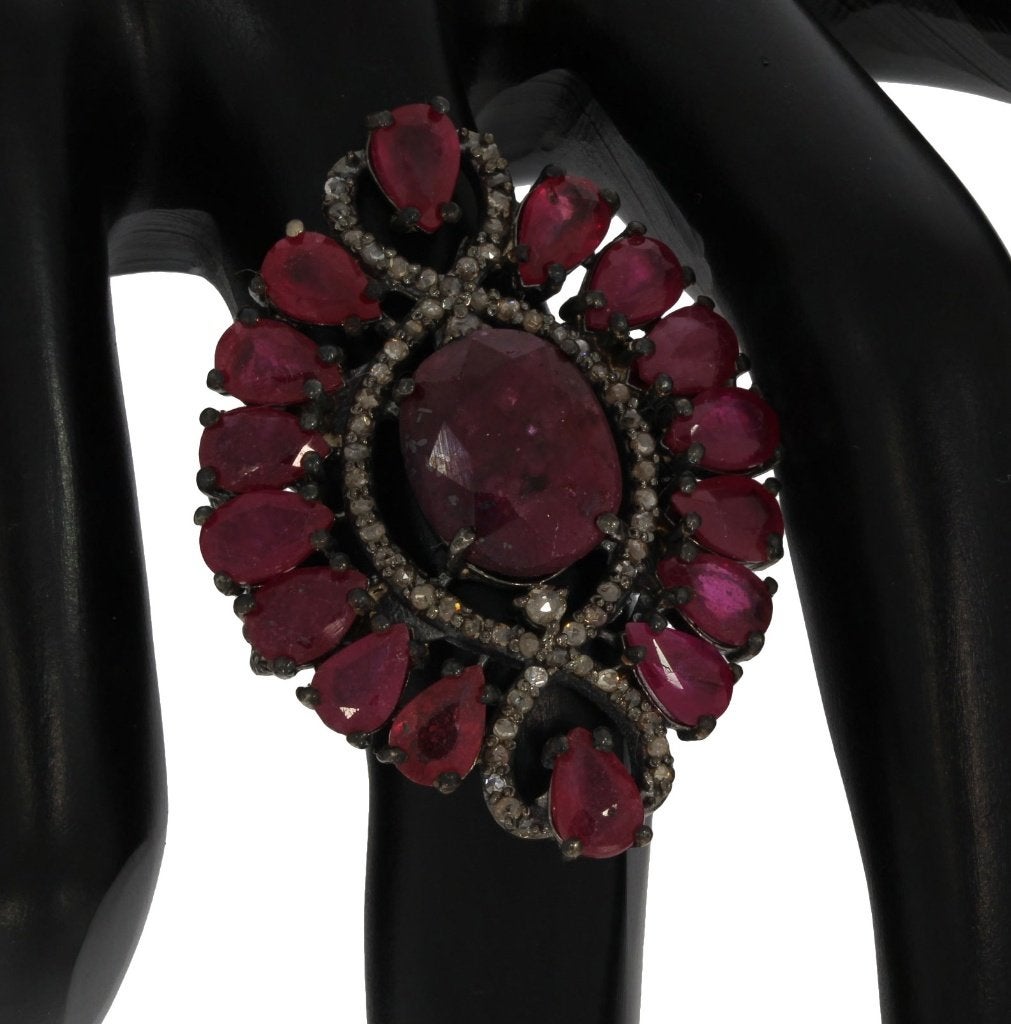 Diamanten robijnen zeldzaam grote antiek vintage ring zilver, Ophalen of Verzenden, Zilver, Ring, Met edelsteen