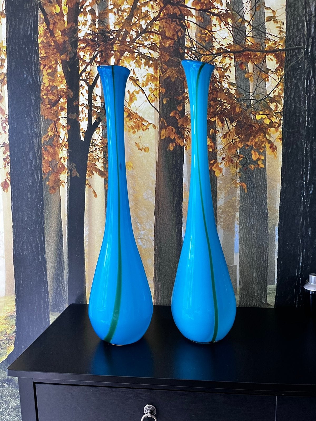 Set van 2 vintage Murano stijl glazen vazen, blauw/groen, Ophalen of Verzenden