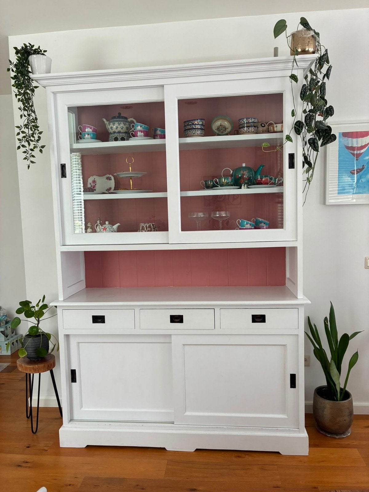 Buffetkast wit met glazen schuifdeuren en lades, Ophalen, Gebruikt, 200 cm of meer, 25 tot 50 cm
