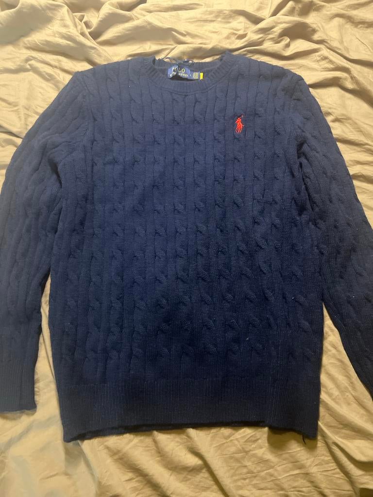 Polo Ralph Lauren Kabelgebreide Trui - Donkerblauw, Ophalen of Verzenden, Zo goed als nieuw, Maat 38/40 (M), Blauw