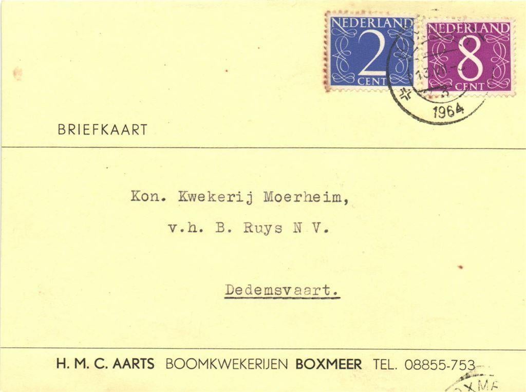 H.M.C. Aarts Boomkwekerijen Boxmeer -07.1964 - briefkaart, Postzegels en Munten, Ophalen of Verzenden, Briefkaart