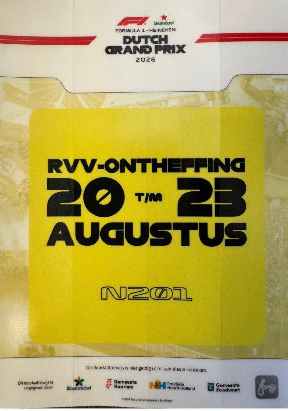 Ontheffing Zandvoort F1 Weekend - Doorlaatbewijs, Tickets en Kaartjes, Eén persoon
