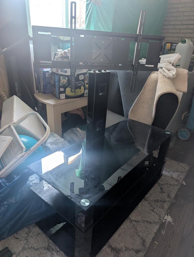 Tv standaard met beugel, in hoogte verstelbaar, Ophalen, Gebruikt, 100 tot 150 cm, Glas