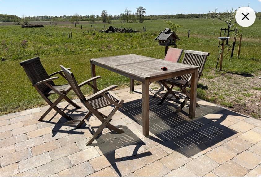 Houten tafel en stoelen, Tuin en Terras, Tuinsets en Loungesets, Ophalen, Zo goed als nieuw, Hout, Stoel