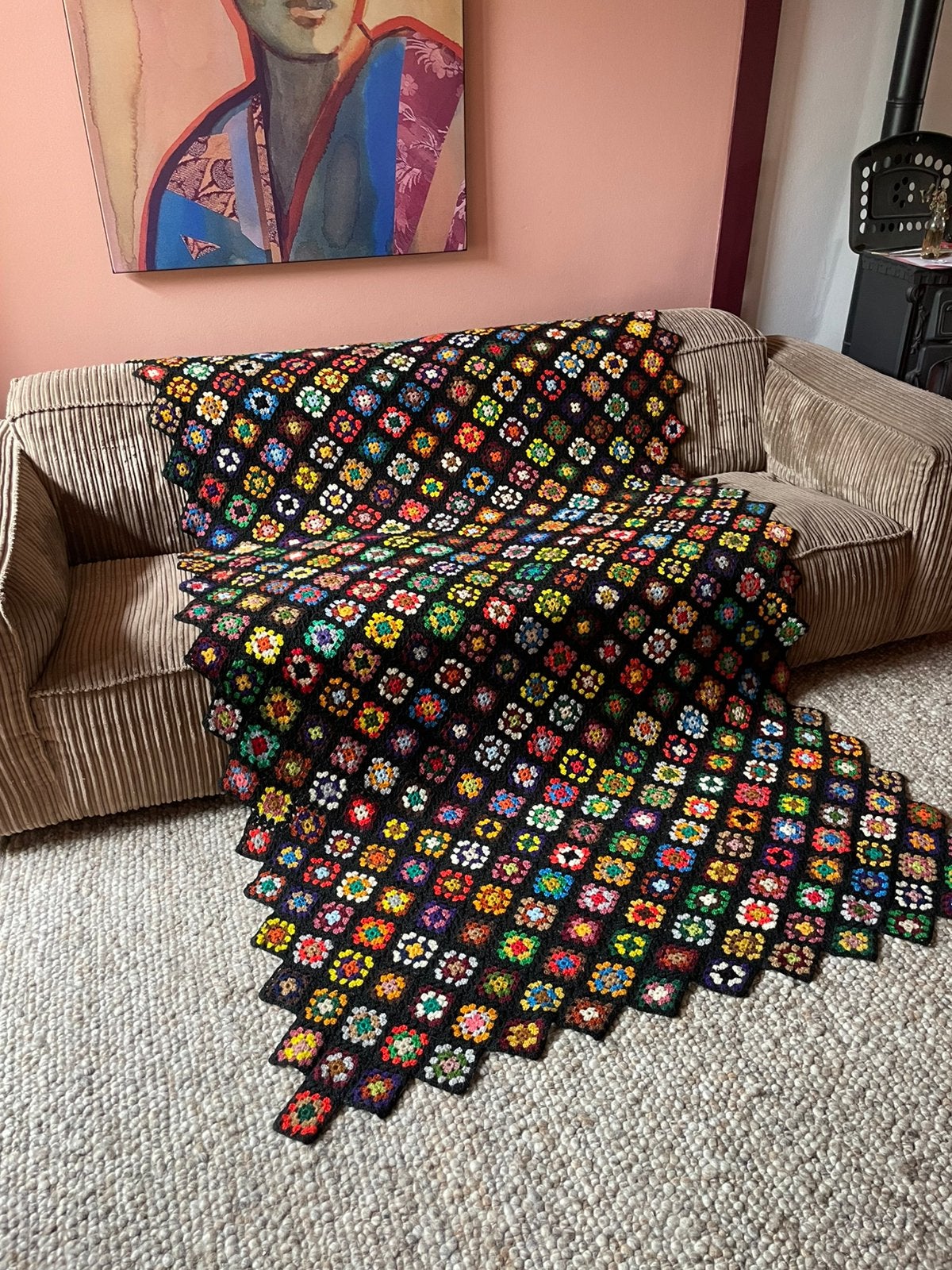 XXL Granny Square sprei vintage, Woondeken, Zo goed als nieuw, Handgemaakt, 220 cm