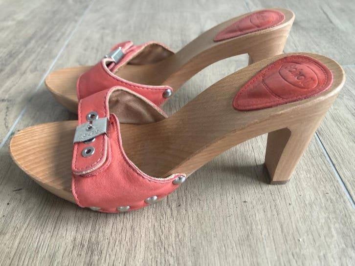 Hoge roze leren kleppers Scholl mt 39, Scholl, Zo goed als nieuw, Roze, Sandalen of Muiltjes